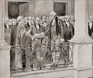 A primeira inauguração de George Washington, em 30 de abril de 1789, de The History of Our Country, publicada em 1905